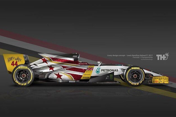 Der Mercedes im Helm-Design von Lewis Hamilton