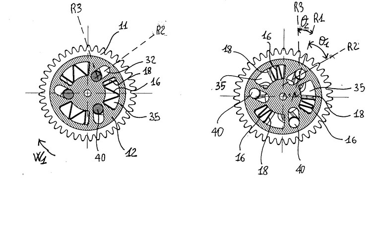 Patentzeichnungen von Piaggio: Mit Fliehkraft und W-förmigen Federn bewerkstelligte variable Ventilsteuerung