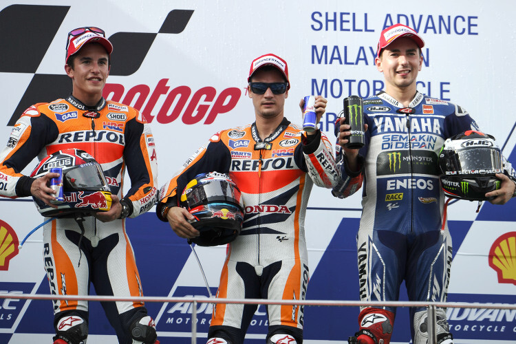 2013: Marc Márquez neben Sieger Dani Pedrosa und Jorge Lorenzo