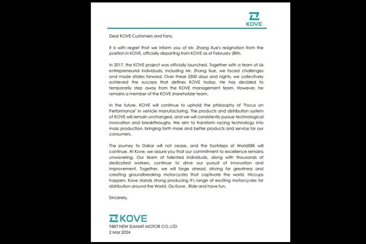 Dürres Communique: Mr. Zhang scheidet aus dem Management von Kove aus, bleibt aber Teilhaber