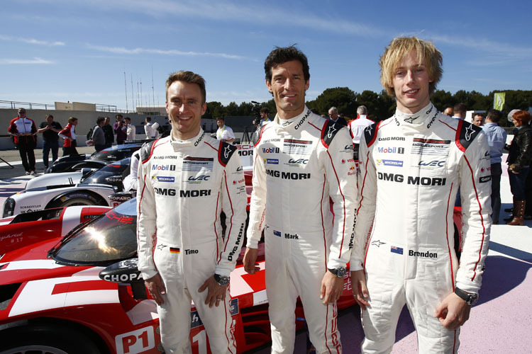 Webber mit seinen Teamkollegen Timo Bernhard und Brenden Hartley