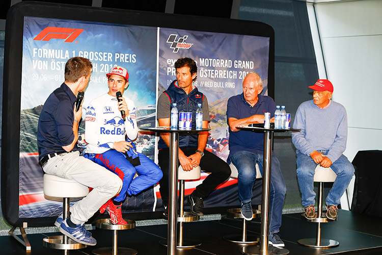 Pressekonferenz: Moderator Brugger, Márquez, Webber, Dr. Marko und Lauda