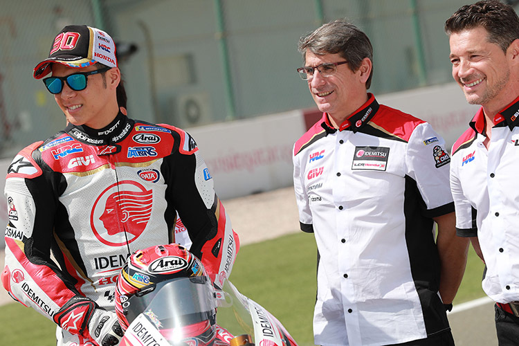 Takaaki Nakagami, Crew-Chief Ramon Aurín und Teamchef Lucio Ceccinello