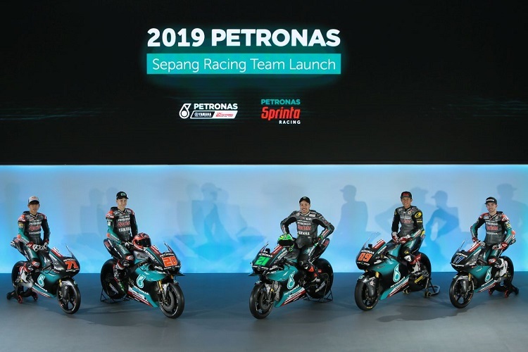 Ayumu Sasaki, Fabio Quartararo, Franco Morbidelli, Khairul Idham Pawi und John McPhee im Petronas-SRT-Look 2019