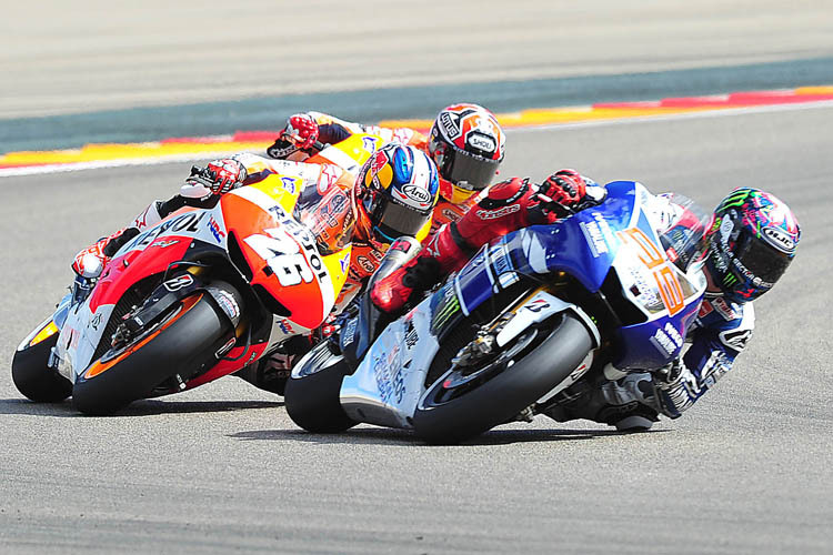 Aragón-GP 2013: Bei diesem Kampf von Lorenzo (99), Pedrosa (26) und Márquez wurde Dani angefahren