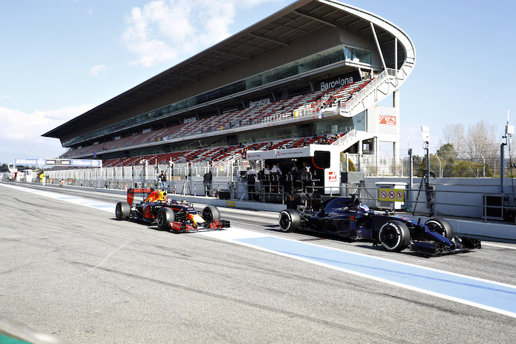 Daniil Kvyat (links) und Max Verstappen bei den Wintertests in Barcelona: Wenn sie nach Spanien zurückkommen, sitzen sie im Auto des anderen