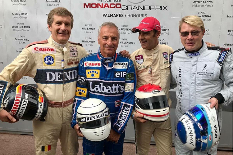 Mika Häkkinen mit seinen früheren GP-Rivalen Thierry Boutsen, Riccardo Patrese und Emanuele Pirro