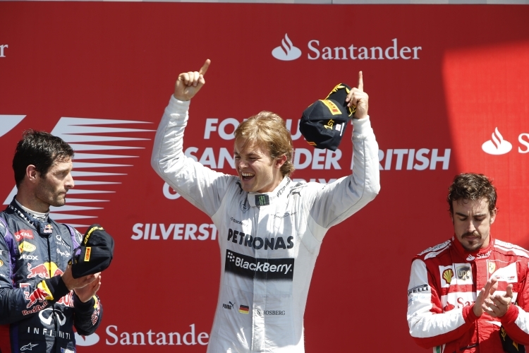 Das jubelnde Podium: Webber, Rosberg, Alonso