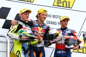 Moto3-Podium 2014: Brad Binder (2.), Jack Miller (1.) und Alexis Masbou (3.))