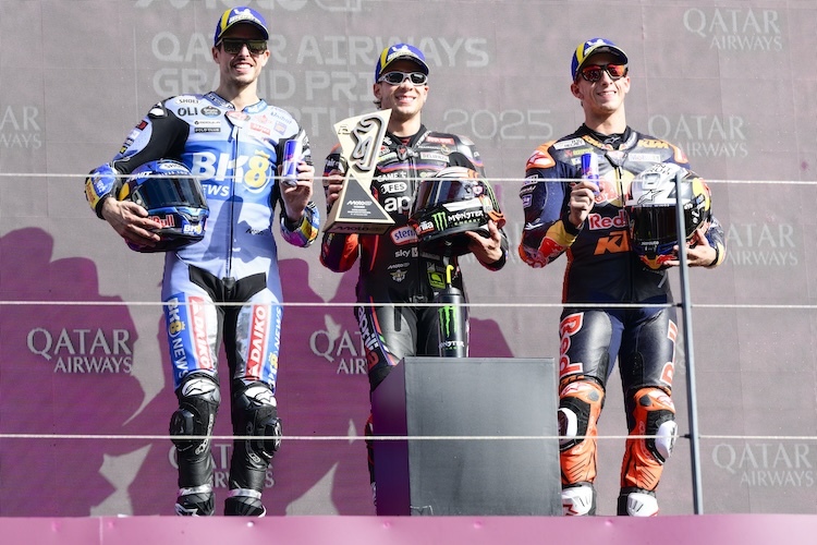 Das GP-Podium in Portugal: Bezzecchi zwischen Marquez und Acosta (re.)