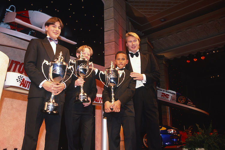 London 1996, von links: Gary Paffett, Tom Sisley, Lewis Hamilton und Mika Häkkinen