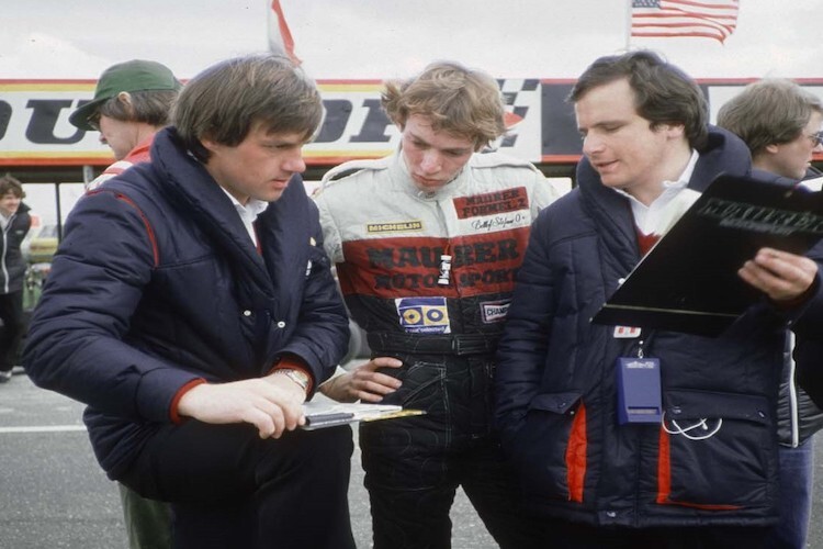 Formel-2-Gespann: Konstrukteur Gustav Brunner, Stefan Bellof, Teamchef Willi Maurer.