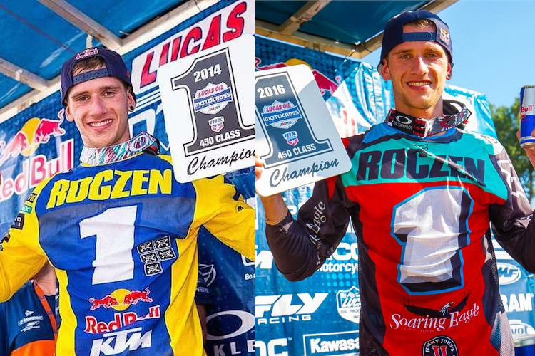 Versteckte Botschaften: Ken Roczen verließ seine Teams jeweils als Champion in den Farben seines nächsten Teams: Links 2014 (KTM zu Suzuki/gelb), rechts 2016 (Suzuki zu Honda/rot)