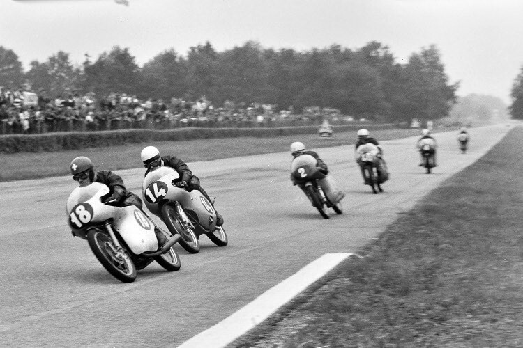 125-ccm-Rennen 1959 in Monza: Taveri (18, Ducati), Degner (14, MZ), Ubbiali (2, MV Agusta) und Minter (40, MZ)   