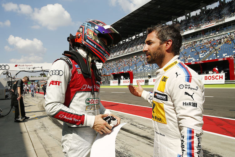 Edo Mortara und Timo Glock bei einem Gespräch am Lausitzring