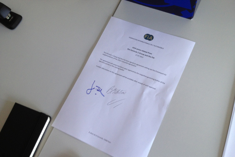 Das Abkommen mit den Unterschriften von Jean Todt und Bernie Ecclestone