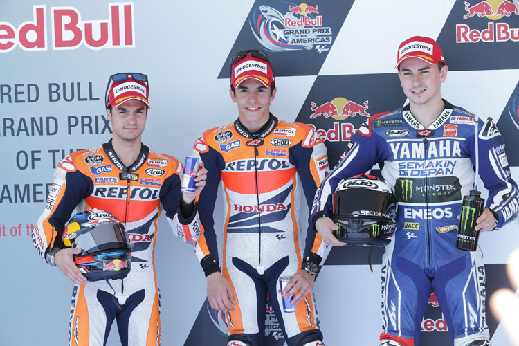 Was für ein Triumph: Márquez gewann vor Pedrosa (li.) und Lorenzo (re.)