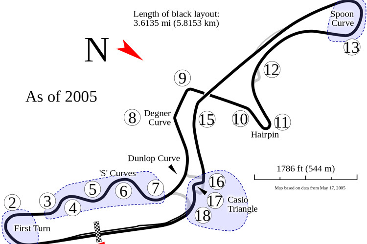 Der Suzuka Circuit ist 5,8 km lange und hat 17 Kurven