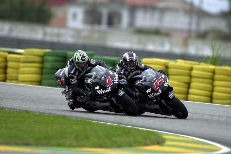 Rio 2001: Brasiliens GP-Held Alex Barros (#4) als Honda-Pilot im Zweikampf mit Teamkollege Loris Capirossi