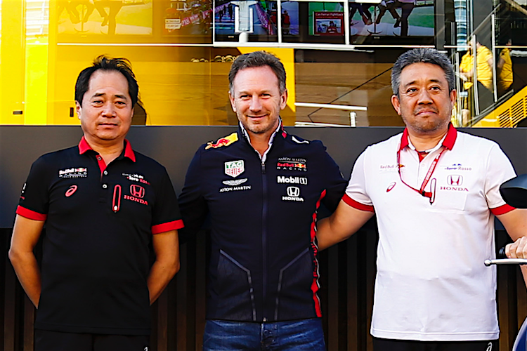 Honda-Technikchef Toyoharu Tanabe, Red Bull Racing-Teamchef Christian Horner und Honda-Rennleiter Masashi Yamamoto
