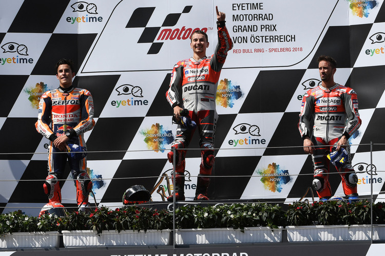 Das MotoGP-Podest in Spielberg: Marc Márquez, Sieger Jorge Lorenzo und Andrea Dovizioso