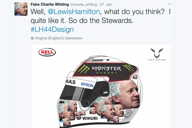 Der falsche Charlie Whiting empfielt Lewis Hamilton den echten Charlie Whiting