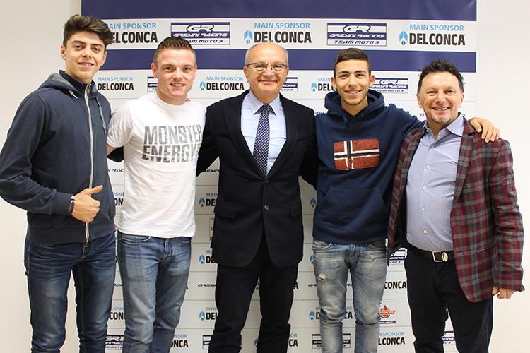 Fabio Di Giannantonio, Sam Lowes, Del Conca-CEO Enzo Donald Mularoni, Enea Bastianini und Teamchef Fausto Gresini