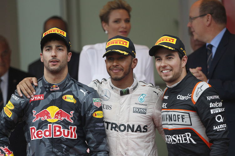 Das Podium in Monaco - Ricciardo, Hamilton, Pérez
