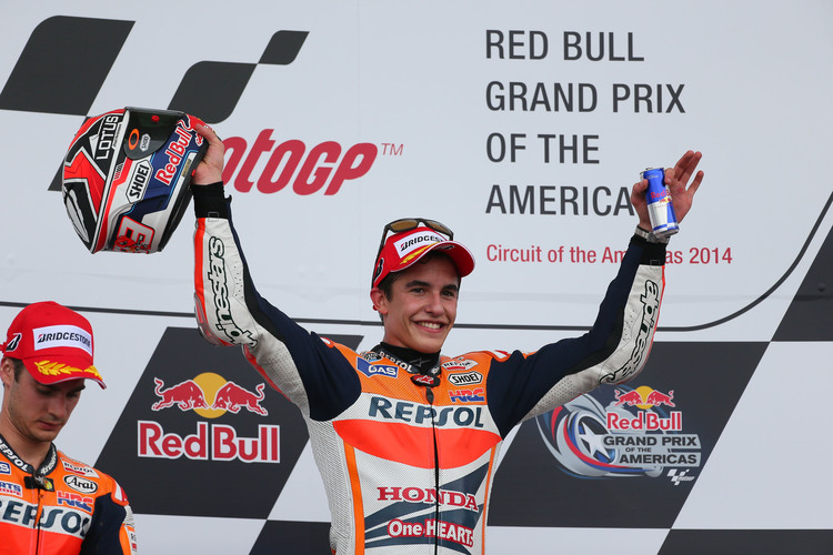 Sieger Marc Márquez am Sonntag in Austin, links Pedrosa etwas missmutig