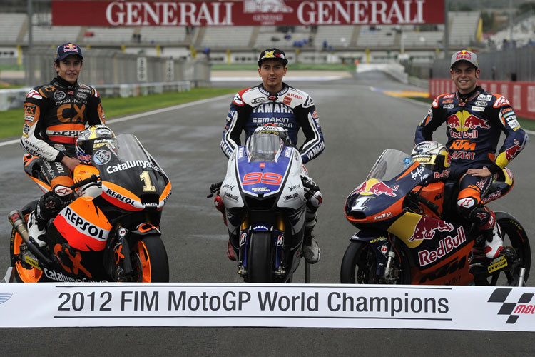 Weltmeister 2012: Márquez, Lorenzo, Cortese (v. li.)