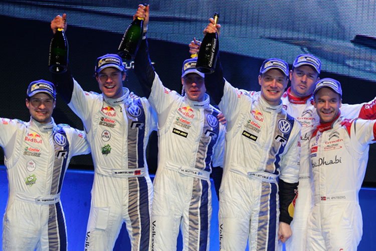 Das Podium (von links): Mikko Markkula, Andreas Mikkelsen, Miikka Anttila, Jari-Matti Latvala, Jonas Andersson, Mads Östberg