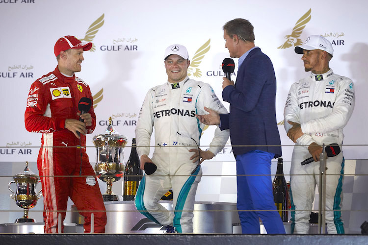 David Coulthard mit den GP-Assen Vettel, Bottas und Hamilton