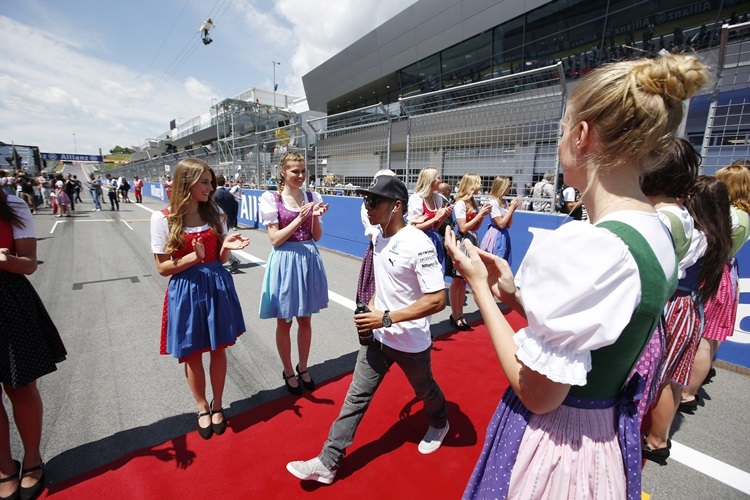 Red Bull Ring, Spielberg, Austria.
Sunday 22 June 2014.
Lewis Hamilton, Mercedes AMG, in the drivers parade.
World Copyright: Charles Coates/LAT Photographic.
ref: Digital Image _N7T4556