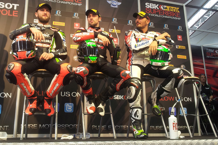 Die Top-3 der Superpole: Tom Sykes, Eugene Laverty und Davide Giugliano (v.l.)