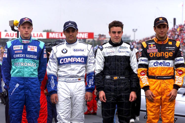 Melbourne, 4. März 2001: Kimi Räikkönen, Juan Pablo Montoya, Fernando Alonso, Enrique Bernoldi