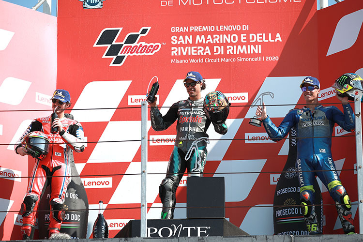 Podest: Bagnaia, Morbidelli und Mir