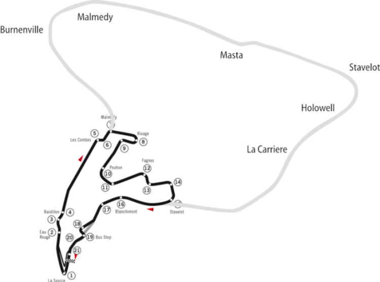 Spa-Francorchamps, fett der aktuelle Kurs, grau die alte Strecke
