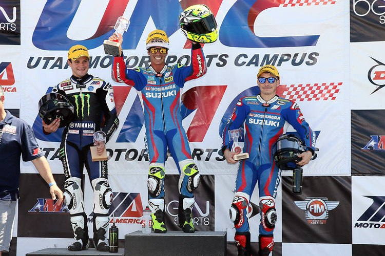 Superpole-Podium Utah: Cameron Beaubier, Toni Elias und Roger Hayden (v.l.)