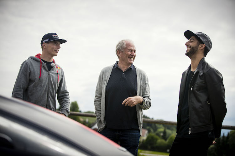 Max Verstappen, Dr. Helmut Marko und Daniel Ricciardo