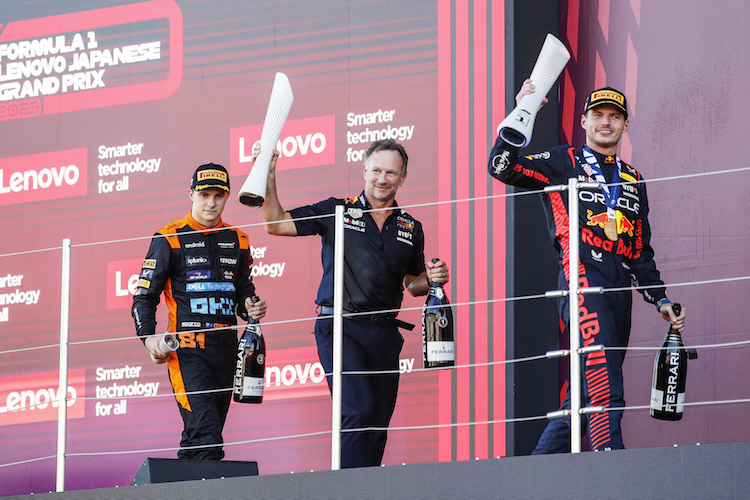 Von rechts: Max Verstappen, Christian Horner und Oscar Piastri