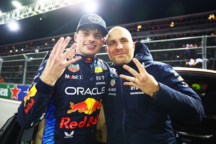 Max Verstappen und Gianpiero Lambiase in Las Vegas nach dem vierten Titelgewinn