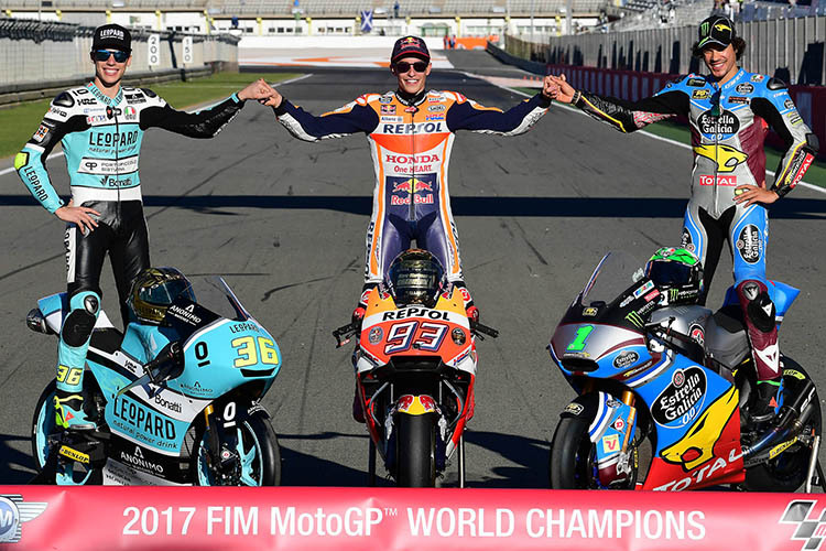 Die Weltmeister 2017: Joan Mir (Moto3), Marc Márquez (MotoGP) und Franco Morbidelli (Moto2)
