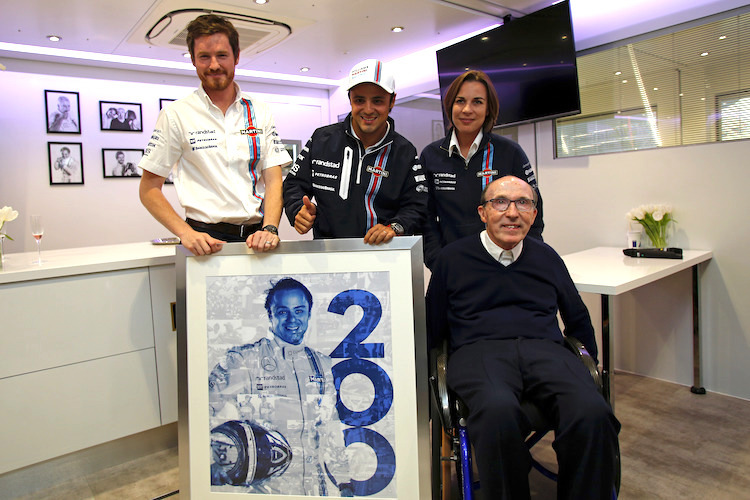 Rob Smedley, Felipe Massa, Clair und Frank Williams in Silverstone 2014, als Massa seinen 200. GP feierte
