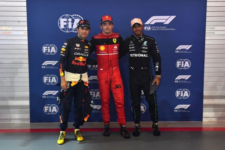 Sergio Perez, Charles Leclerc & Sir Lewis Hamilton
