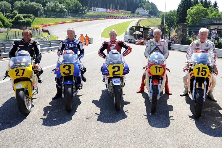 Didier de Radigues, Christian Sarron, Wayne Gardner, Giacomo Agostini und Wil Hartog (v.l.)