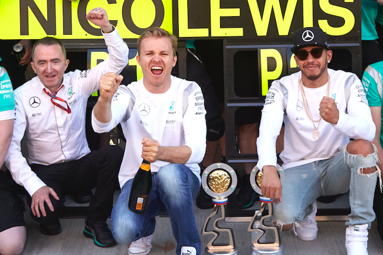 Paddy Lowe, Nico Rosberg und Lewis Hamilton