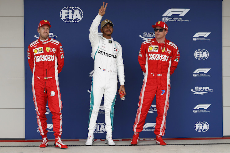 Sie haben alle 2018 ihr Siegerkonto erhöht: Sebastian Vettel, Lewis Hamilton, Kimi Räikkönen