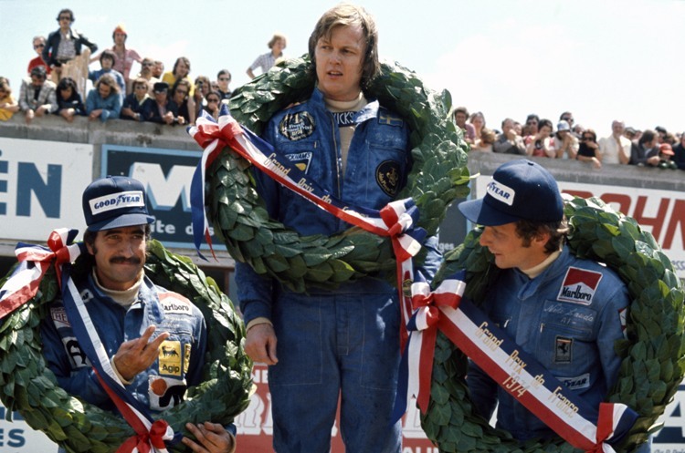 Peterson, Sieger in Dijon '74 mit Regazzoni und Lauda.