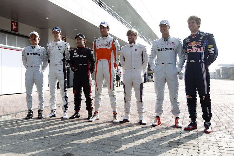 Nico Rosberg, Nico Hülkenberg, Timo Glock, Adrian Sutil, Nick Heidfeld, Michael Schumacher und Sebastian Vettel in Südkorea 2010