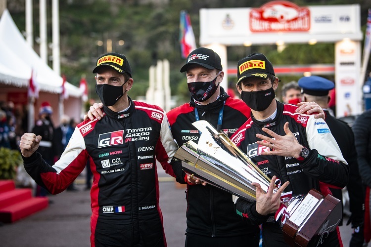 Julien Ingrassia, Jari-Matti Latvala, Sébastien Ogier beim achten Sieg in Monte Carlo